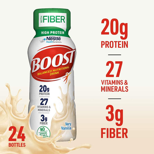 Boost High Protein with Fiber Balanced Nutritional Drink, Rich Chocolate, 8 fl Ounce Bottle, 24 Pack + Boost High Protein with Fiber Balanced Nutritional Drink, Very Vanilla, 8 fl oz Bottle, 24 Pack