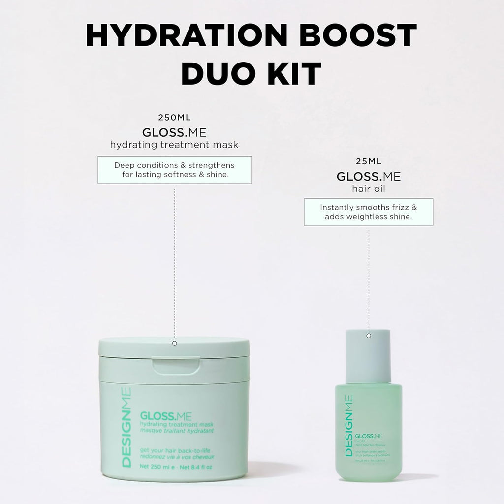 Design.Me GLOSS.ME Hydration Boost Duo | Deep Conditioning Hair Mask & Argan Oil Serum | Moisturizing Treatment for Dry, Frizzy Hair | Smooth, Shine & Color-Safe