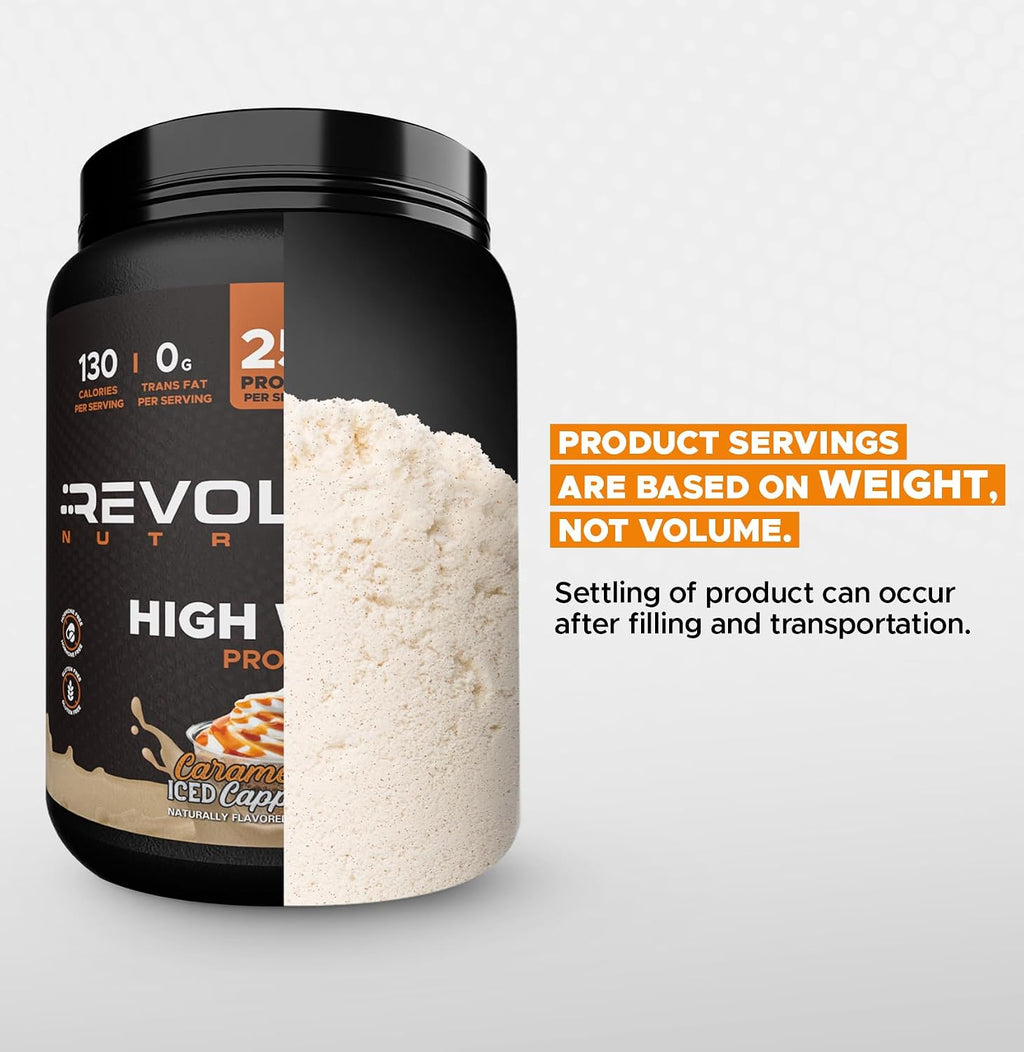 Revolution Nutrition, High Whey, Protein Powder 2LB, Whey Isolate, Gluten Free, Lean Muscle Mass for Men & Women, 25g of Protein Per Scoop, 908 g, 24 Servings (Caramel Iced Cappuccino, 2 Pound)