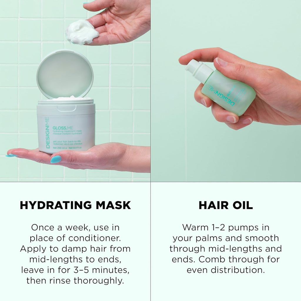 Design.Me GLOSS.ME Hydration Boost Duo | Deep Conditioning Hair Mask & Argan Oil Serum | Moisturizing Treatment for Dry, Frizzy Hair | Smooth, Shine & Color-Safe